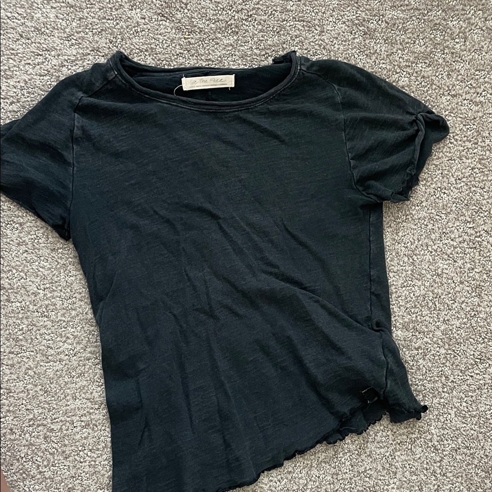Free People Black T-Shirt with Ruffled Hem